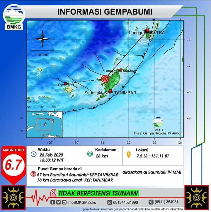 BMKG Ajak Warga Maluku Tak Panik Gempabumi Tektonik 6,7 SR di Tanimbar